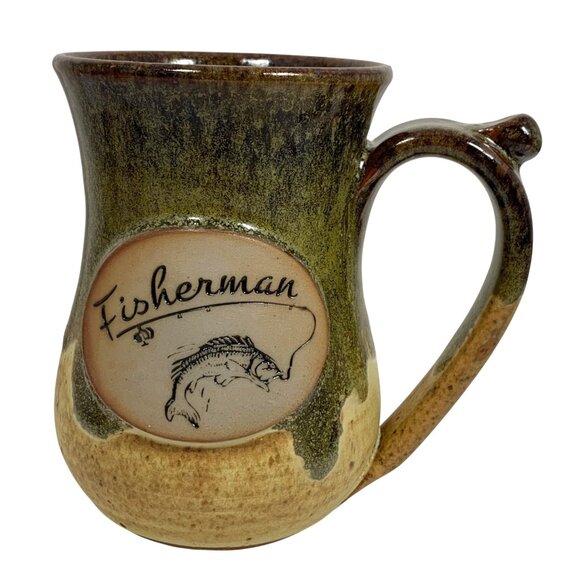 Alewine Pottery Fisherman Trout Salmon Large 14 Oz Mug Coffee Cup - Picture 1 of 7